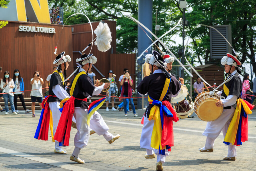 tradition culture dancing ceremony performance at n seoul tower in seoul city of south korea.